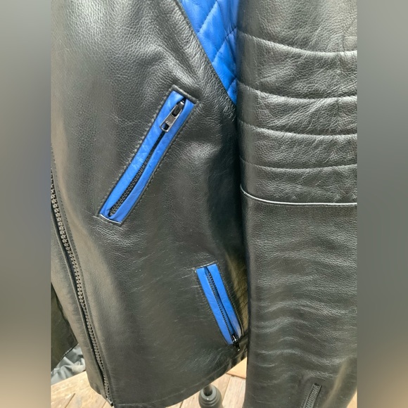 Vintage P LEATHER MONTREAL Moto MEN’S Leather Jacket Black & Blue Size Medium - Picture 6 of 16